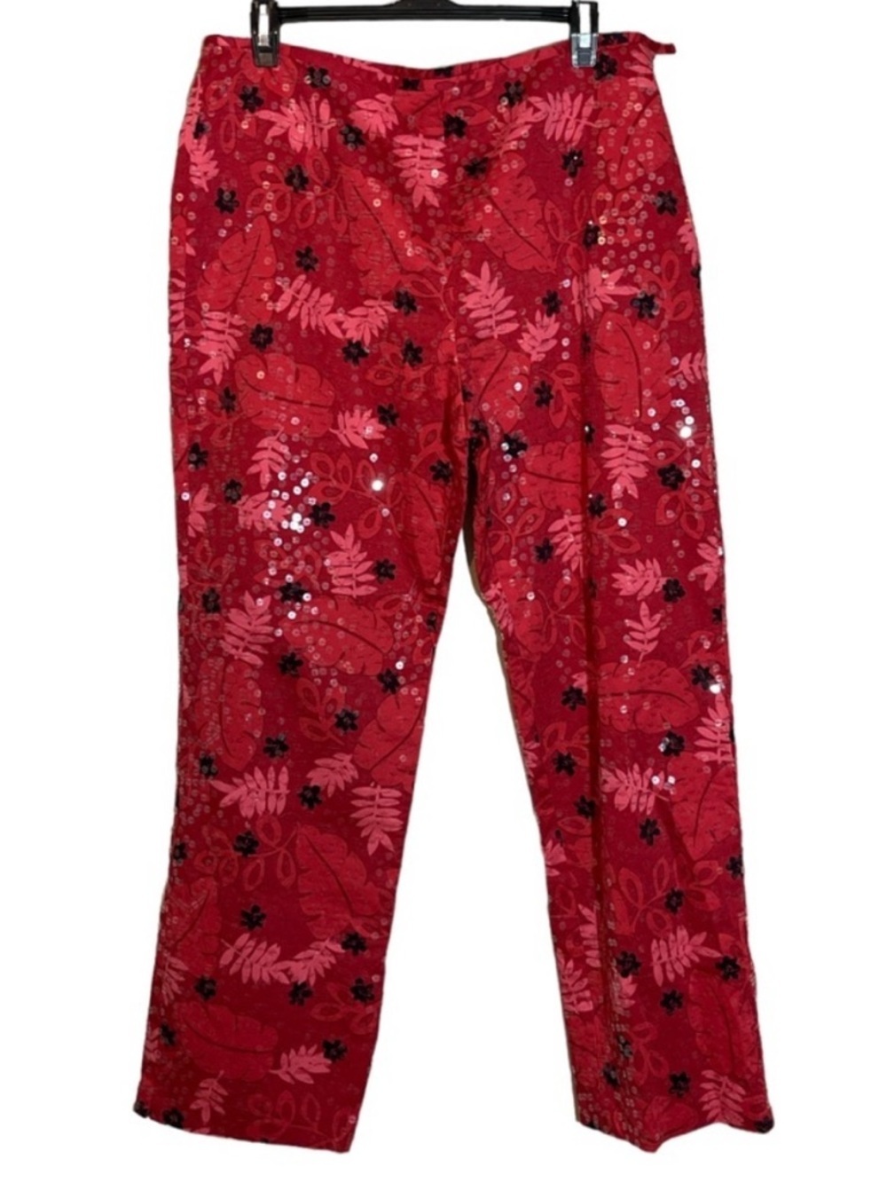 DStudio Red Sequin Floral Pants Lined Sz 2, 9” rise, 28” inseam